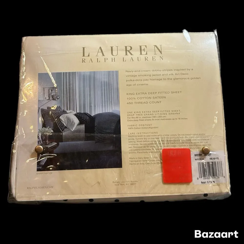 Lauren Ralph Lauren Barrymore KING Fitted Sheet Xtra Deep Pocket USA Navy Cream